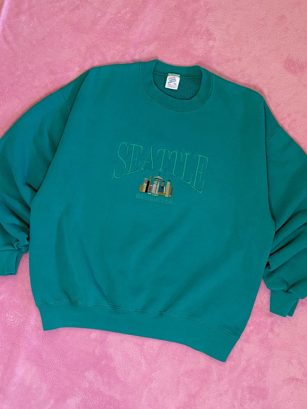 Vintage Jerzees Seattle Skyline Crewneck Faded Teal Embroidered USA Made XL